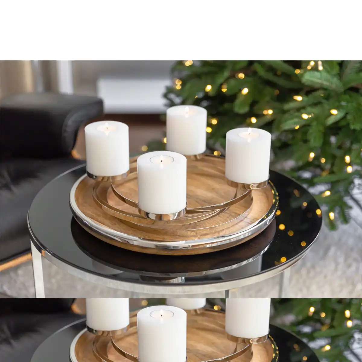 Tablett Serviertablett Cincinnati, Mangoholz und Edelstahl glänzend vernickelt, Durchmesser 40 cm - HomeDesign Knaus