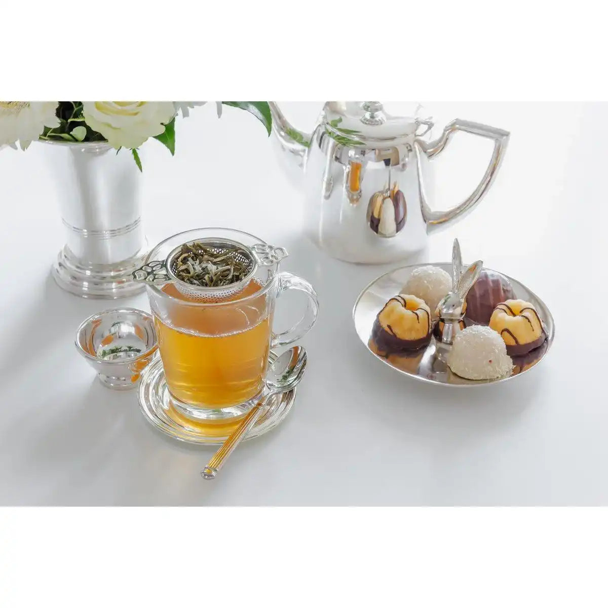 Teesieb Teefilter Assam mit Halter, schwerversilbert, Durchmesser 6 cm, Länge 11 cm, Höhe 4 cm - HomeDesign Knaus