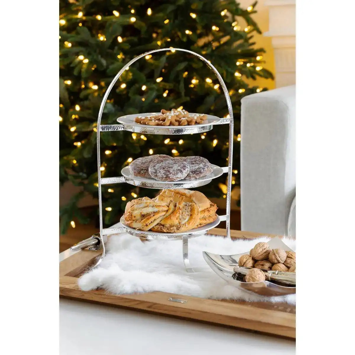 Telleretagere Sina (Höhe 42 cm) gehämmert, schwerversilbert, für 3 Teller Ø 20 bis 28 cm - HomeDesign Knaus