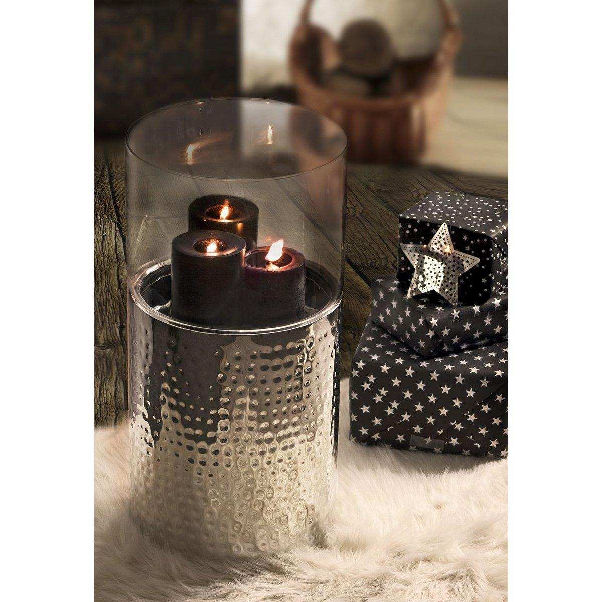 Windlicht Arnold Glas, Edelstahl gehämmert hochglanzpoliert Höhe 64 cm - HomeDesign Knaus