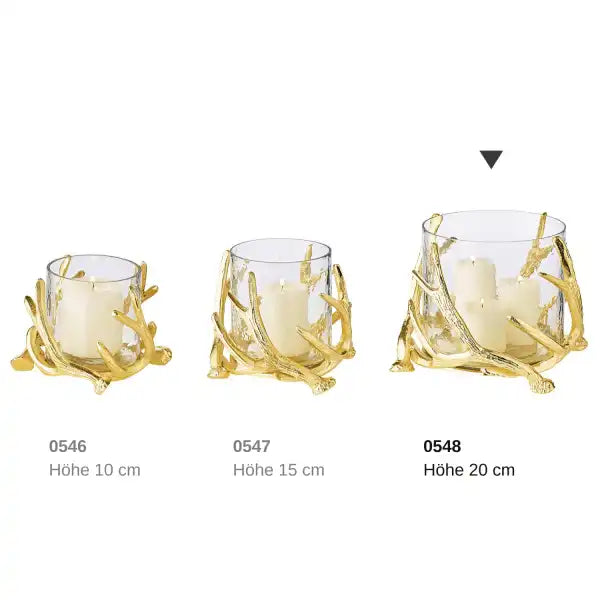 Windlicht Kingston Geweih-Design Aluminium, goldfarben mit Glas - HomeDesign Knaus