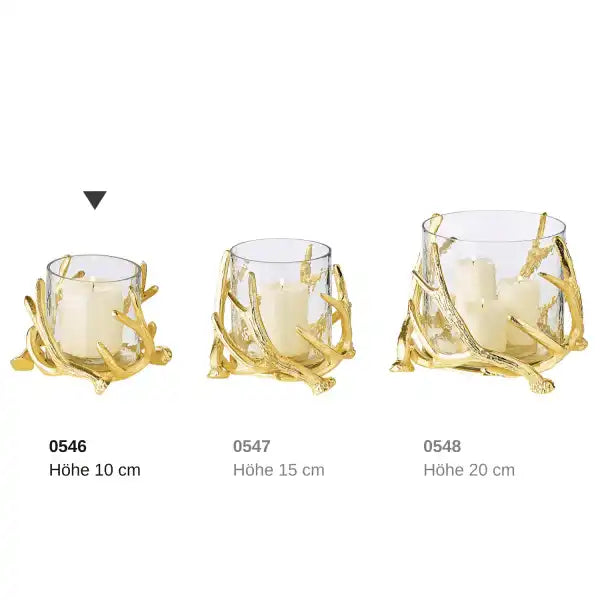 Windlicht Kingston Geweih-Design Aluminium, goldfarben mit Glas - HomeDesign Knaus