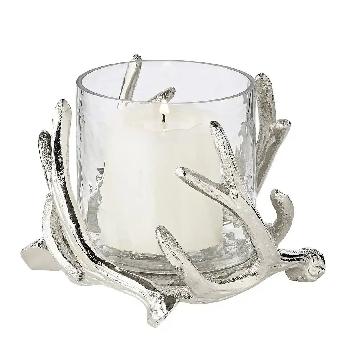 Windlicht Kingston Geweih-Design Aluminium silberfarben mit Glas - HomeDesign Knaus