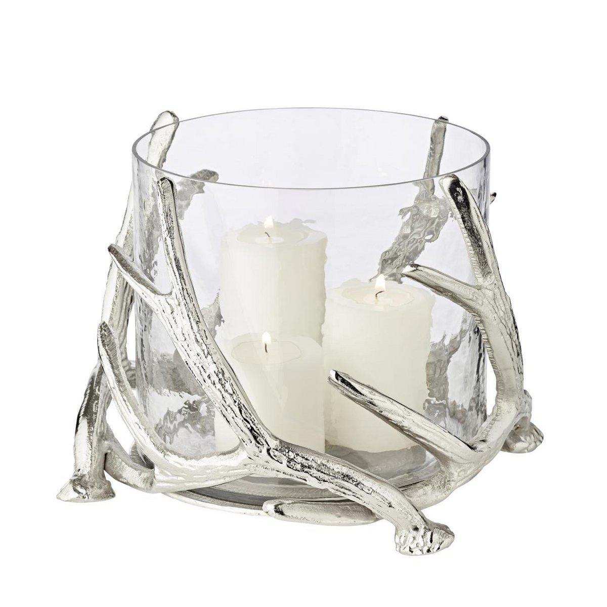Windlicht Kingston Geweih-Design Aluminium silberfarben mit Glas - HomeDesign Knaus