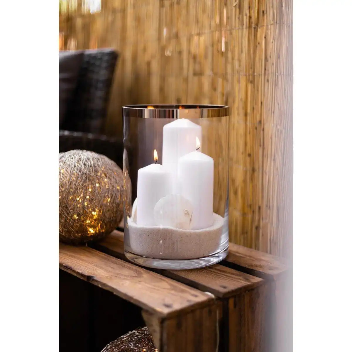 Windlicht Molly, mundgeblasenes Kristallglas mit Platinrand, Höhe 39 cm, Durchmesser 29 cm - HomeDesign Knaus