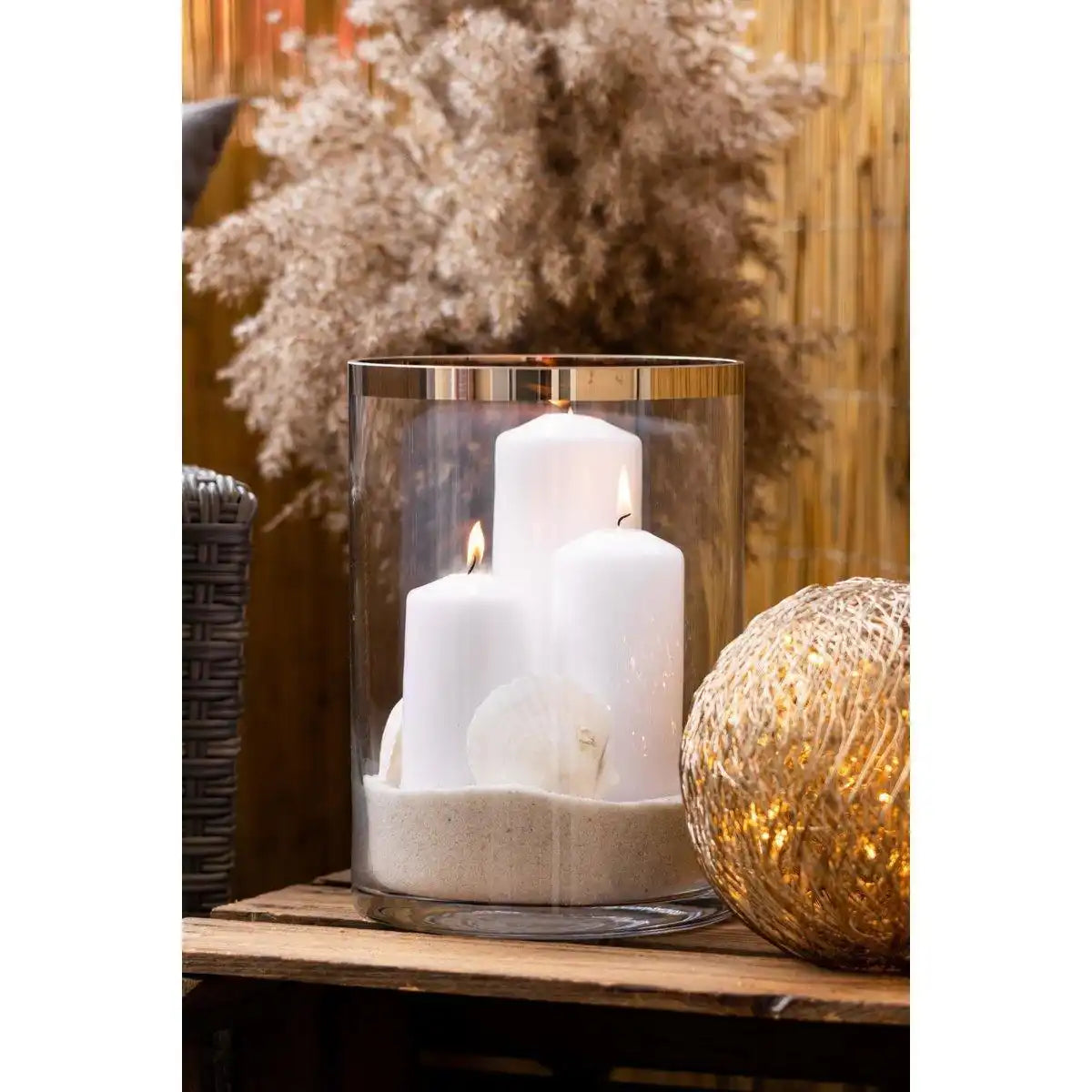 Windlicht Molly, mundgeblasenes Kristallglas mit Platinrand, Höhe 39 cm, Durchmesser 29 cm - HomeDesign Knaus