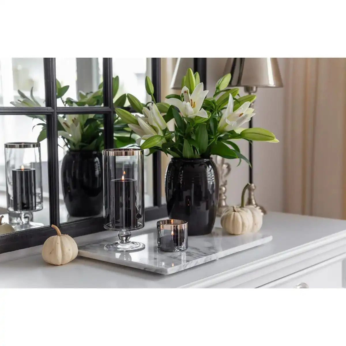 Windlicht Stella (H 23 cm, ø 9,5 cm), dunkles Kristallglas mit Platinrand, mundgeblasen - HomeDesign Knaus