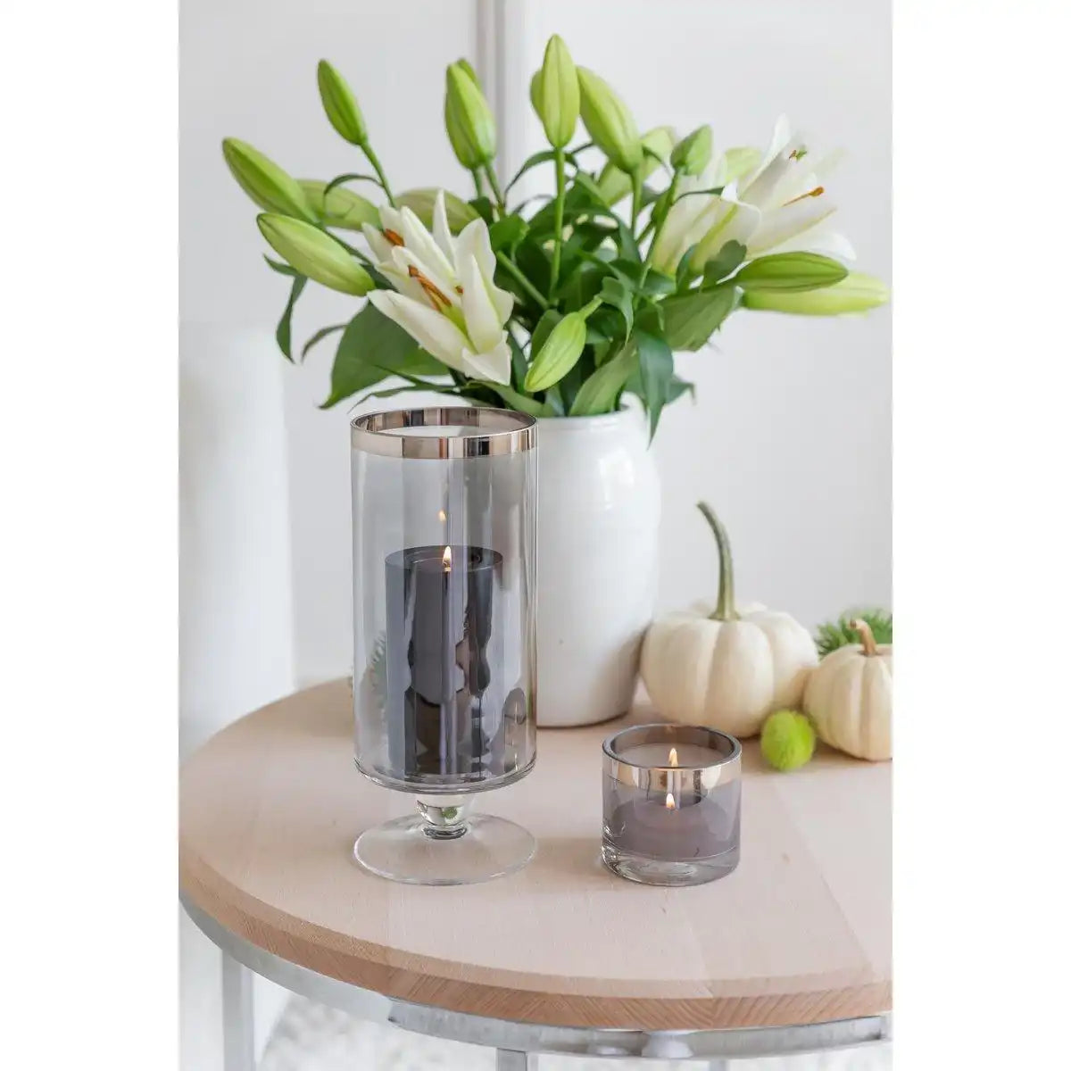 Windlicht Stella (H 23 cm, ø 9,5 cm), dunkles Kristallglas mit Platinrand, mundgeblasen - HomeDesign Knaus