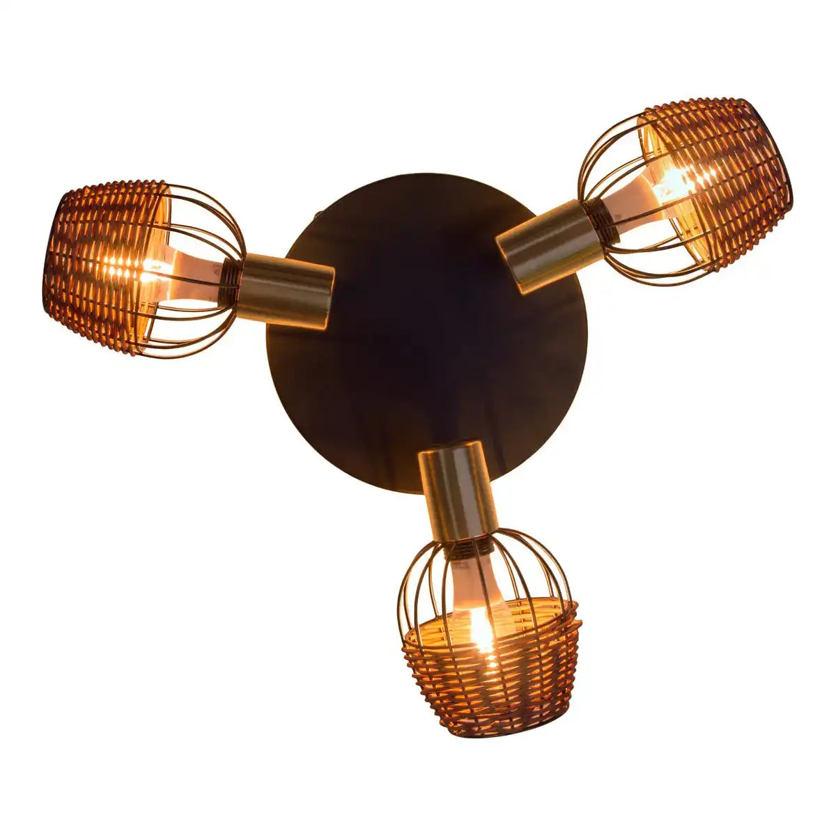 3er Deckenrondell "CORBIS", Spot aus Metall in Schwarz, mit Gold und Rattan, mit E14-Fassung, für Esszimmer, Wohnzimmer, Diele oder Büro, Beleuchtung für Wohnzimmer, Esszimmer oder Büro, 38 cm Durchmesser