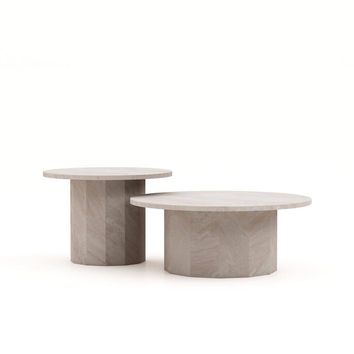 HSM Collection-Runder Couchtisch Sofia S/2-ø80x32 / ø60x43-Weiß-Travertin