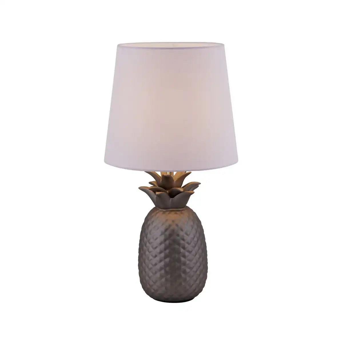 Keramik-Tischleuchte "ANANAS", Tischlampe aus Keramik mit silbermattfarbene Glasur und weißem Stoffschirm, mit E14-Fassung, für Esszimmer, Wohnzimmer, Diele oder Büro, Tischleuchte 45 cm hoch