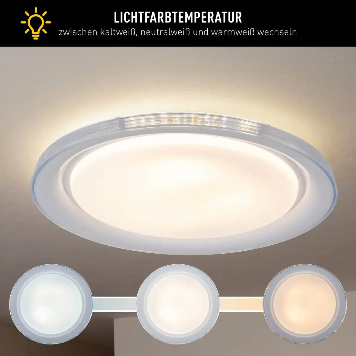LED Deckenleuchte "CLAIRE" Ø 50,5 cm, 7,5 cm hoch, Metall und Kunststoff in Weiß, integrierte LED, 1600 lm, dimmbar, CCT-Funktion, 3000-5000 K, Nachtlichtfunktion