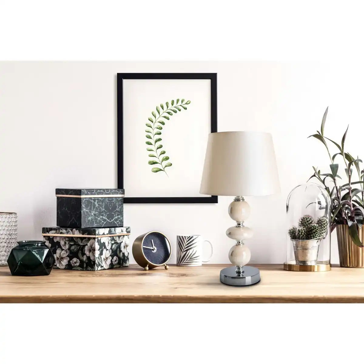 Keramik Tischleuchte "ARAGA" 36 cm hoch, Tischlampe aus Metall, Keramik, mit Textilschirm, beige, mit E14-Fassung, Beleuchtung für Esszimmer, Wohnzimmer, Diele oder Büro