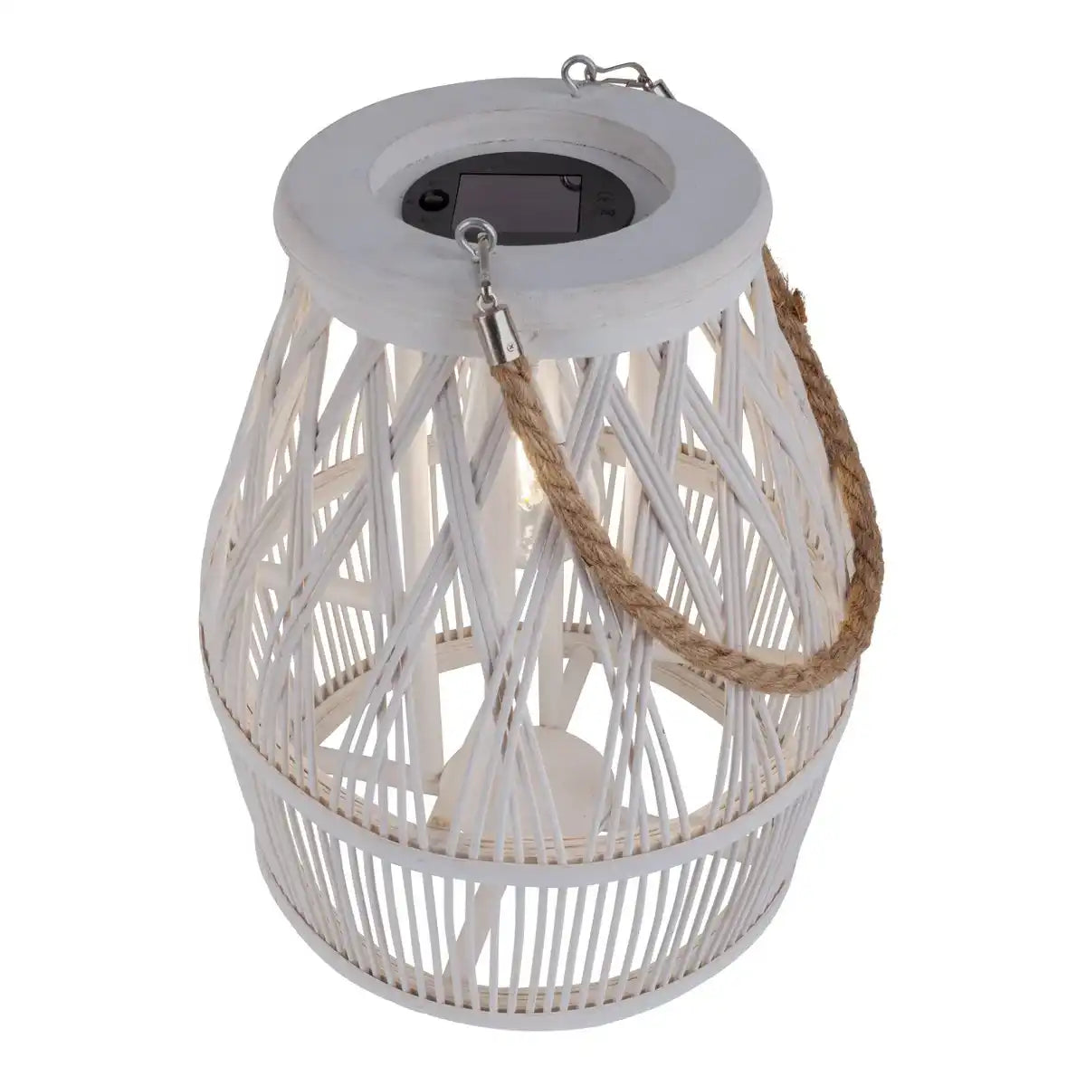 LED Solar-Dekoleuchte "Korbinian" für Garten und Terrasse aus Holz und Rattan in natur, Solar Lampe 34 cm hoch