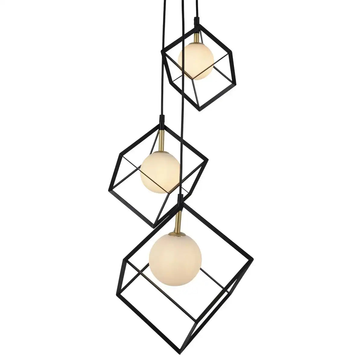 3-flammige Pendelleuchte "CADRE", Retro Pendellampe aus Metall und Glas in Schwarz, und Weiß mit G9-Fassung, insgesamt 147 cm hoch, für Wohnbereich und Büro.