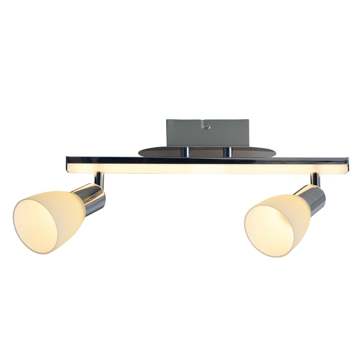 2-er LED Deckenleuchte "Ibiza" ca. 39 cm lang, chromfarbenes Metall, satiniertes, opalfarbenes Glas, integrierte LEDs, warmweiß