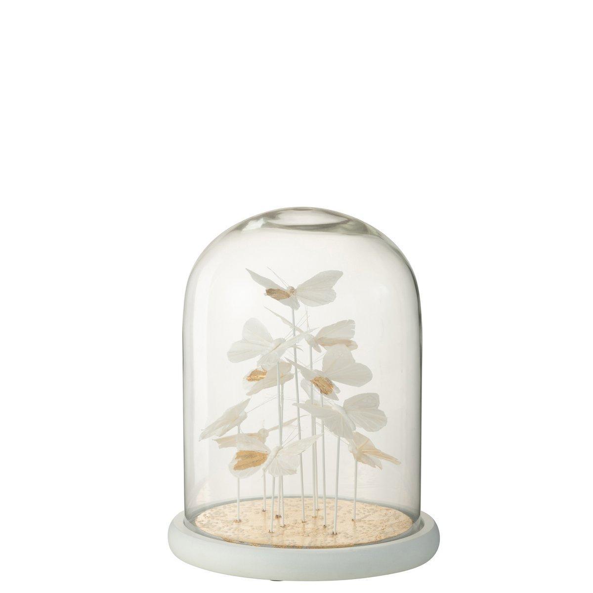 J-Line Glasglocke Butterflies + Dots – Glas – Weiß/Gold – groß