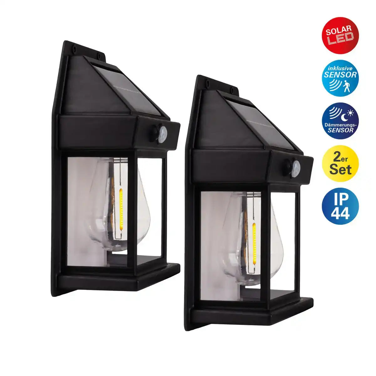 2er Set Solar-Wandleuchte "Mira" ca. 17 cm hoch, aus schwarzem wetterfestem Kunststoff, integrierter LED in warmweiß, inkl. Bewegungsmelder und Dämmerungssensor
