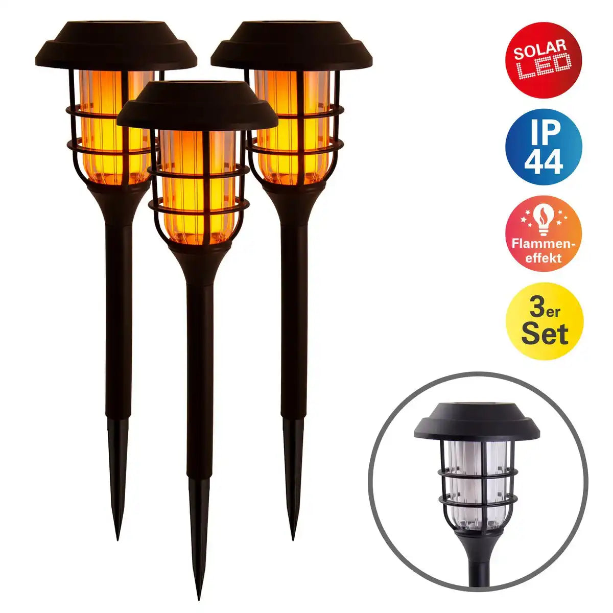 3er-Set LED-Outdoor-Erdspieß 34 cm hoch, Erdspieß aus schwarzem Kunststoff mit integrierter LED, Solarleuchte für Außen
