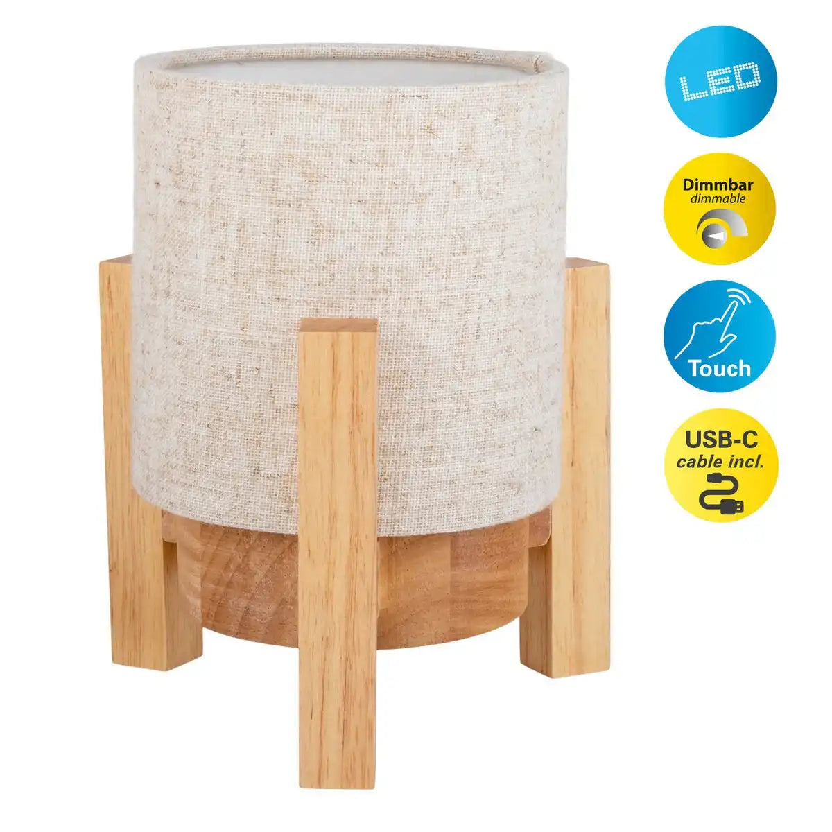 Akkutischleuchte "MADITA" 19 cm hoch, in Weiß/Natur, mit integrierter LED, dimmbar mit Berührungssensor