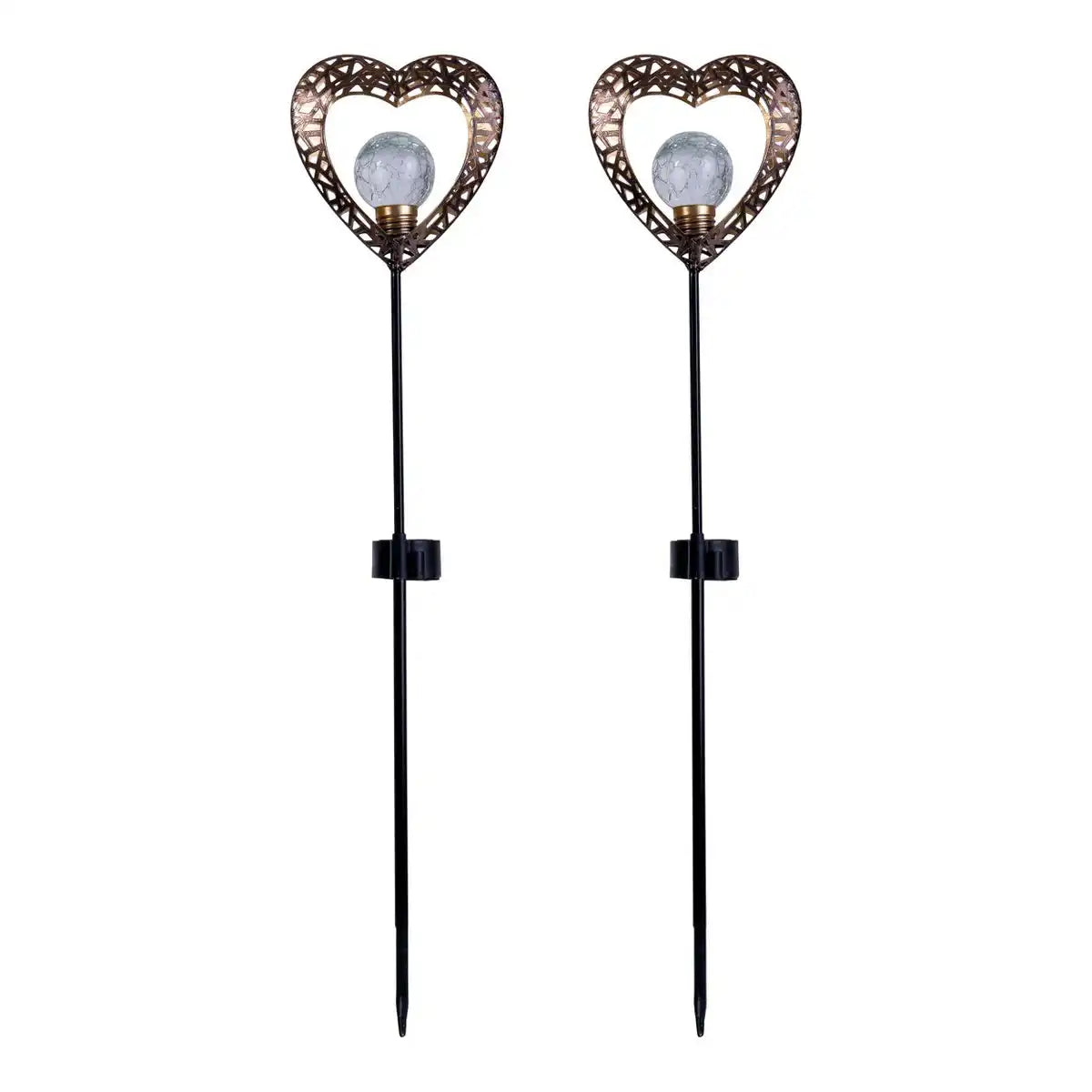 2er-Set LED-Solarleuchte "Herz" mit Erdspieß für Garten und Terrasse aus Metall in Schwarz, und Gold, mit fest verbauten LEDs, 59 cm hoch