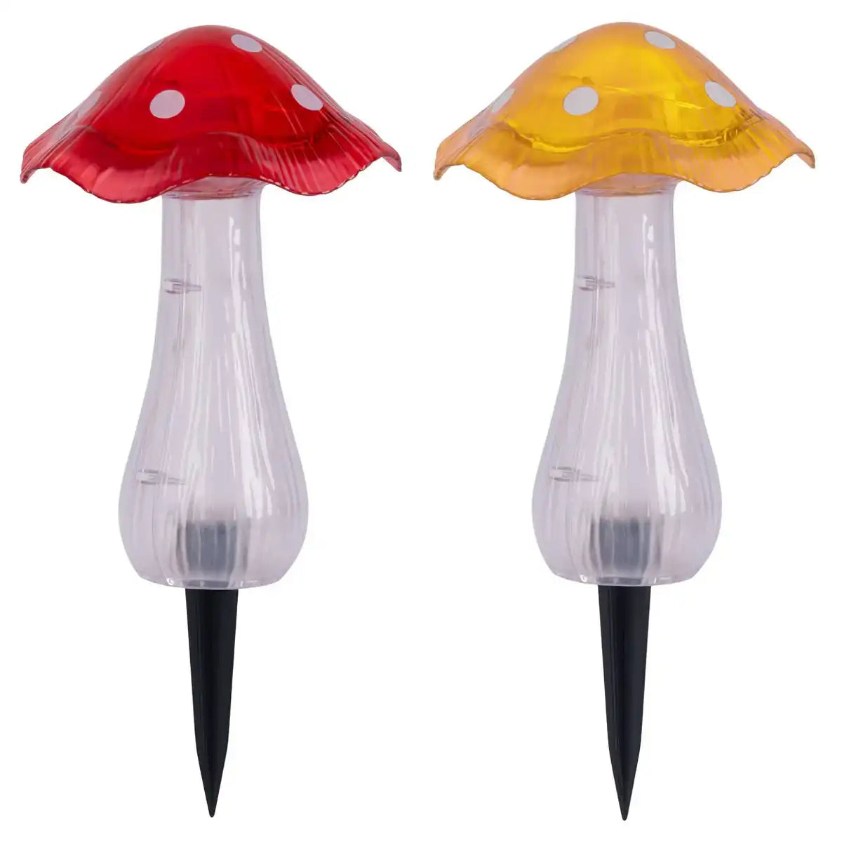 Solar-Dekoerdspieße 2er Set "MANTAR" Ø 13 cm, 29 cm hoch, transparenter Kunststoff in Rot, Gelb und Klar, integrierte LEDs, kaltweiß