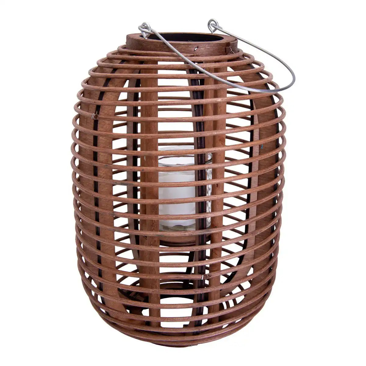 Dekoleuchte "Korbinian" inklusive Solar-LED-Kerze für Garten und Terrasse, Solarlampe aus braunem Rattan, Höhe 32 cm