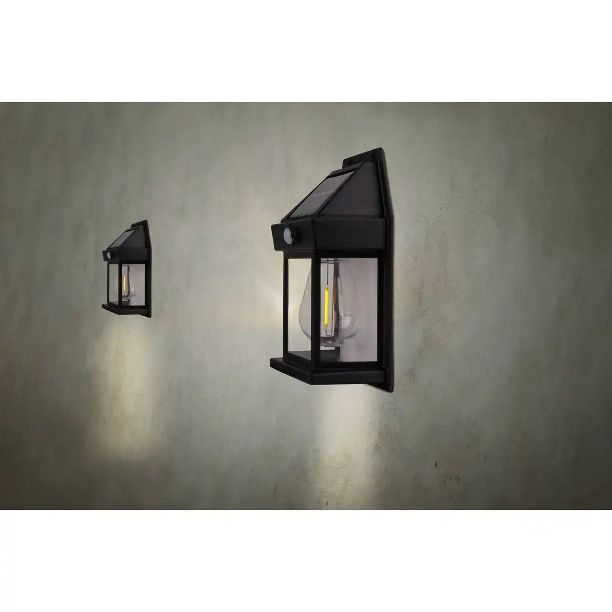 2er Set Solar-Wandleuchte "Mira" ca. 17 cm hoch, aus schwarzem wetterfestem Kunststoff, integrierter LED in warmweiß, inkl. Bewegungsmelder und Dämmerungssensor