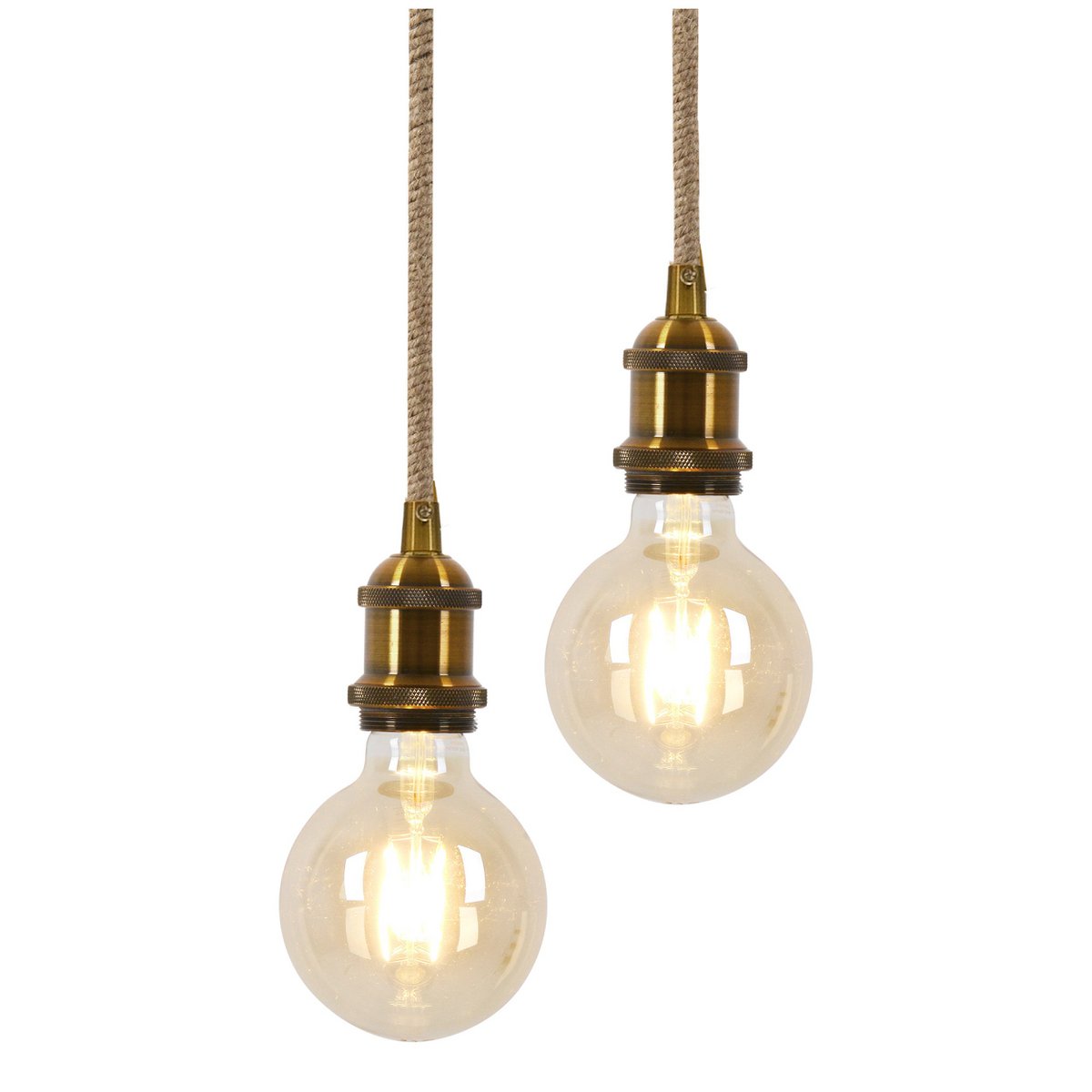 2er Metallbaldachin "ONTARIO" dekorative Pendelleuchte aus Metall in Alt-messing und Jute, E27-Fassungen, Beleuchtung für Wohnräume oder Büro.