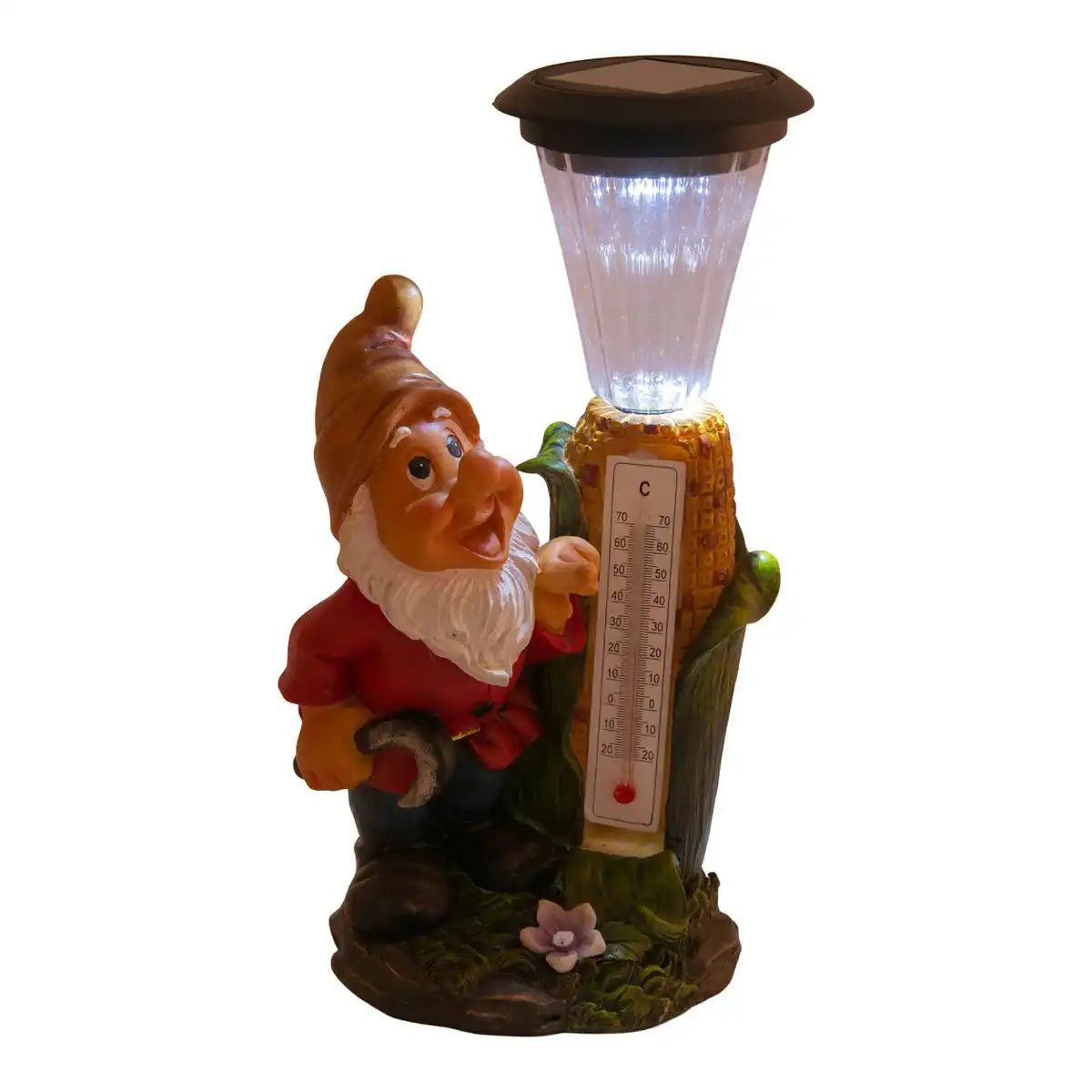LED Deko Solarleuchte "Zwerg" mit Thermometer aus bemaltem Polyresin, ca 26 cm hoch und mit fest verbauten LEDs ausgestattet