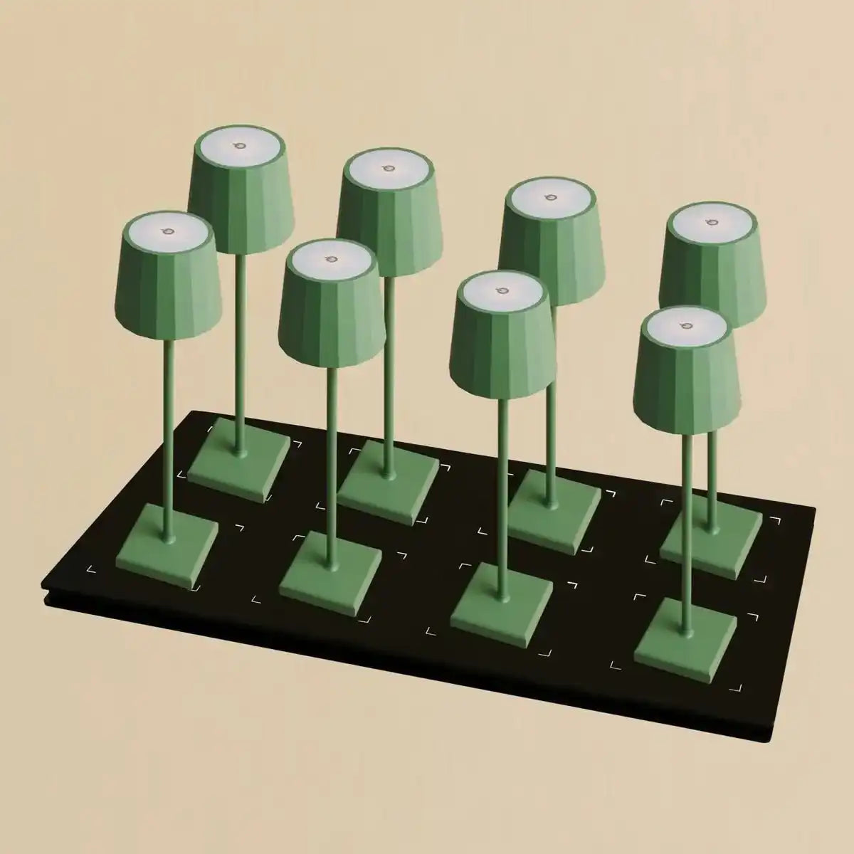 Combi Set Professional-8 x Wouter Sage Green wiederaufladbare Tischlampen und 1 x Zentrale Station Wireless Ladestation mit Qi-Technologie