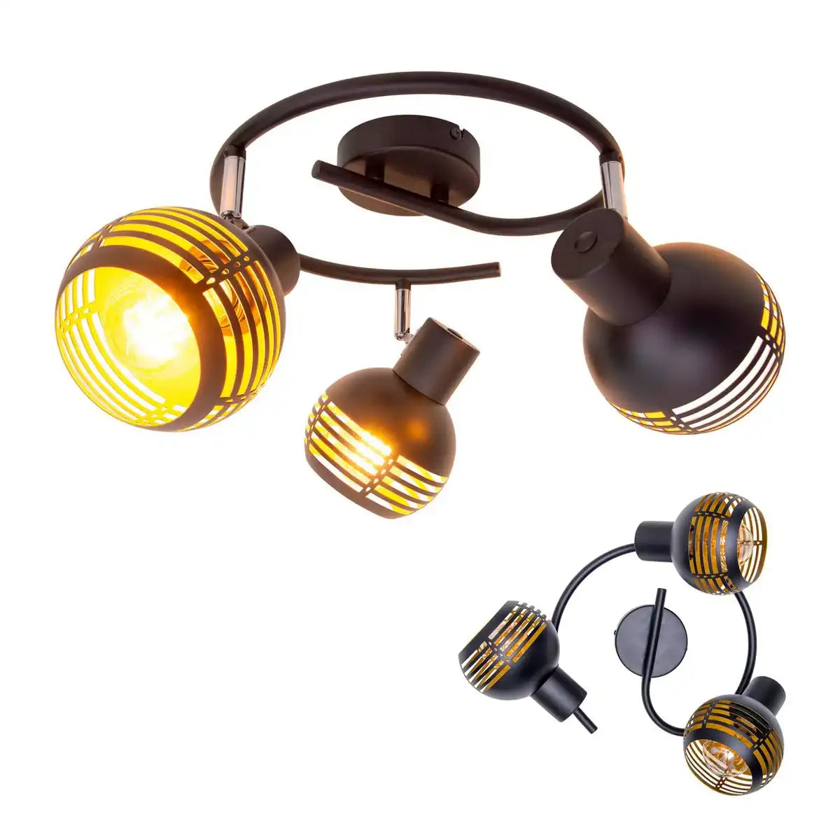 3er Wand- und Deckenrondell Spot "CASCO" aus Metall in Schwarz, und Gold, mit E27-Fassung, Øca. 48 cm. Stilvolle Beleuchtung für Wohnzimmer, Esszimmer oder Küche.