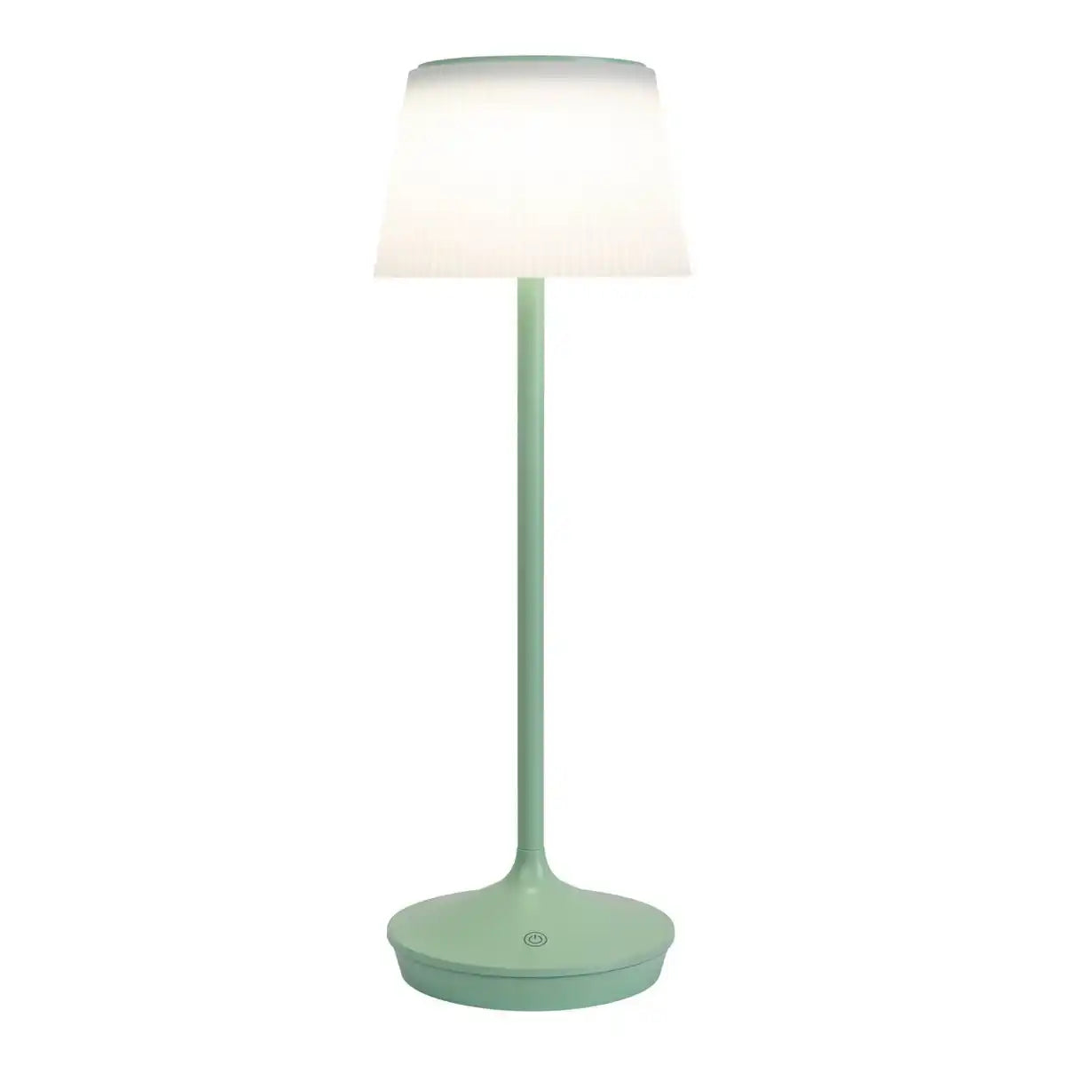Solar-Akkutischleuchte "EMMI" 38 cm hoch, Schirm Ø 13 cm, Metall in Mint und weißer Kunststoff, für den Außenbereich, dimmbar CCT.