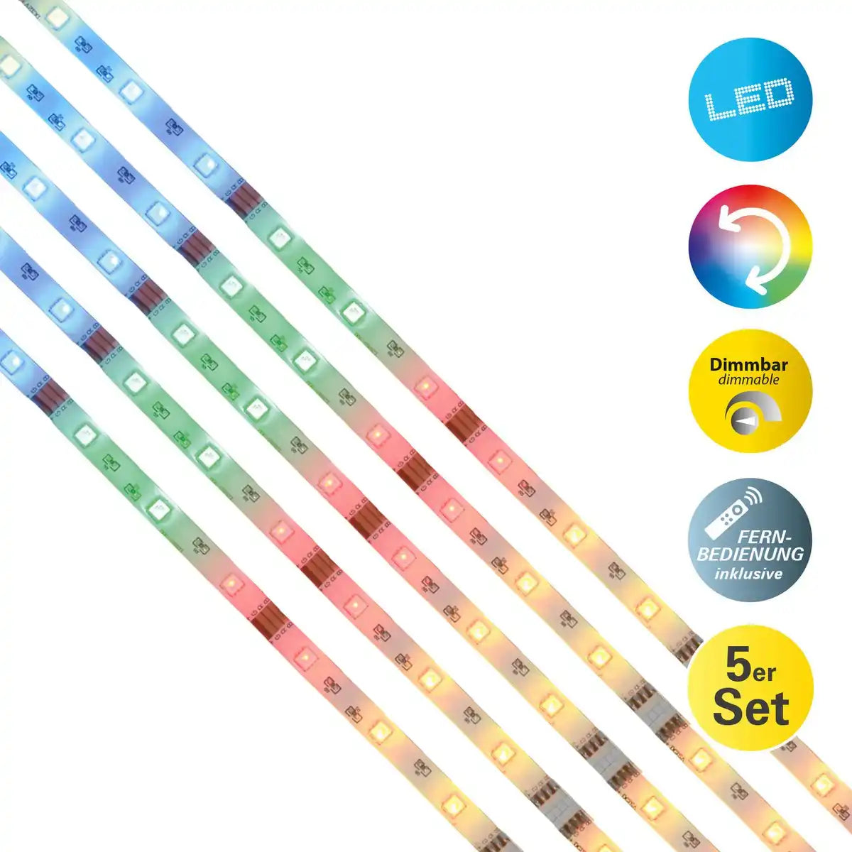 5x 1m RGB LED Stripe, mit Farbwechsel, dimmbar, inkl. Infrarot-Fernbedienung