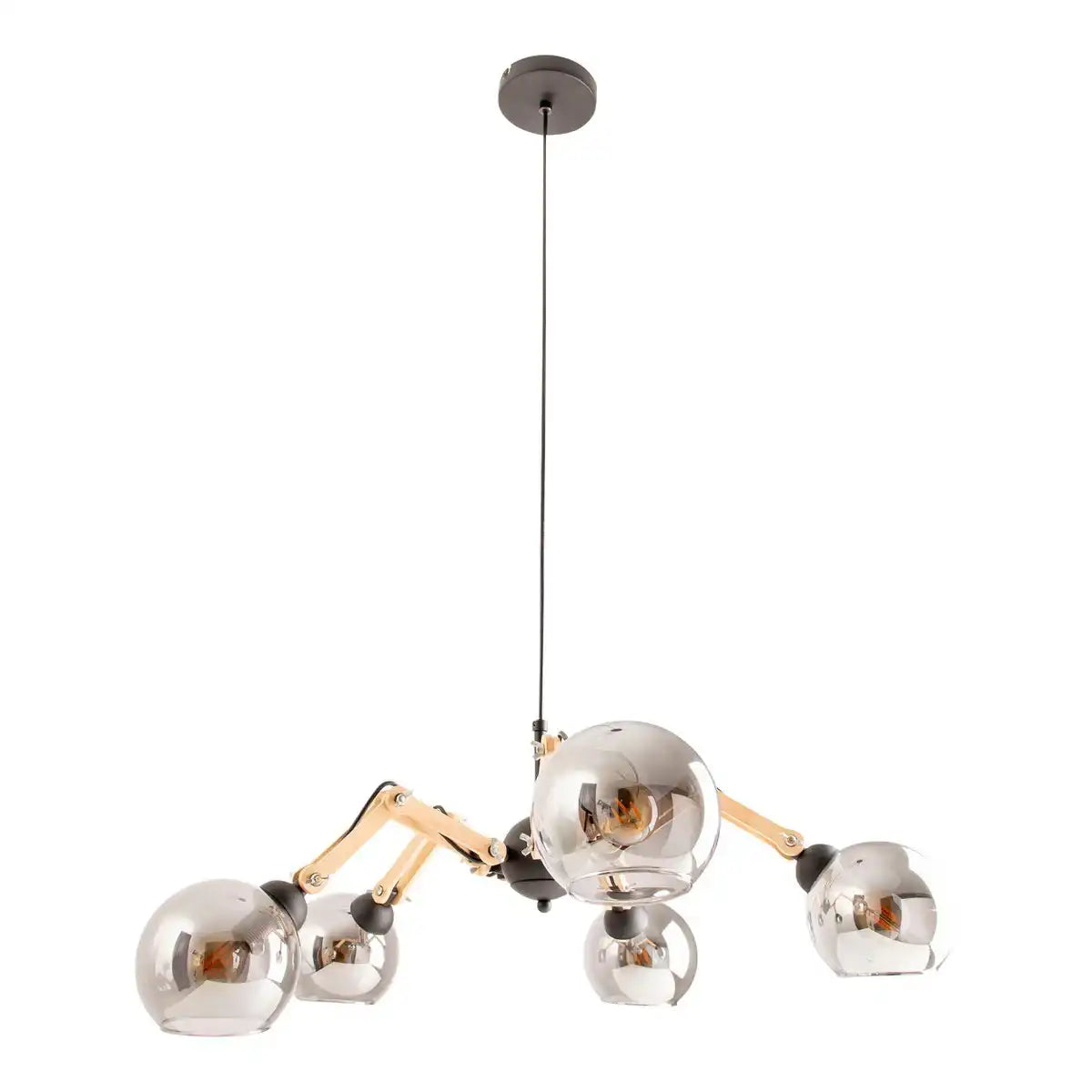 5er Glas-Pendelleuchte "SOITO" Hängelampe aus Metall, Glas und Gummibaumholz, mit E14-Fassung, für Esszimmer, Wohnzimmer, Diele oder Büro, 80 cm Durchmesser
