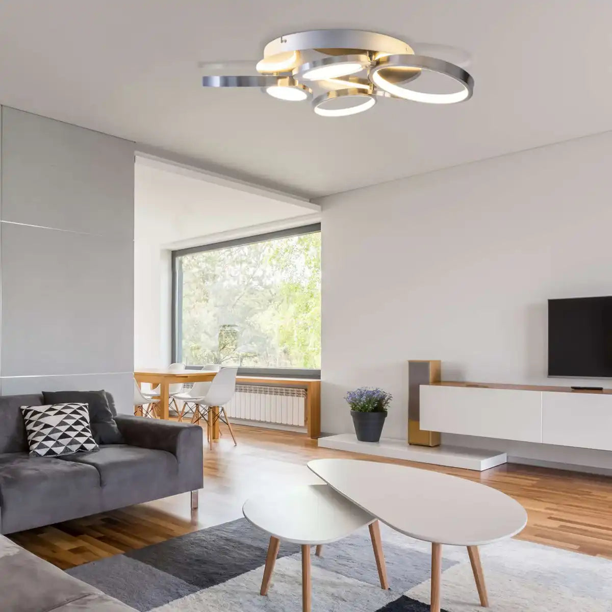 LED Deckenleuchte "STELARI" Ø 56 cm, aus Metall in stahl-blank und weißem Kunststoff, mit fest verbauten LEDs, Deckenlampe für Wohnräume oder Büro