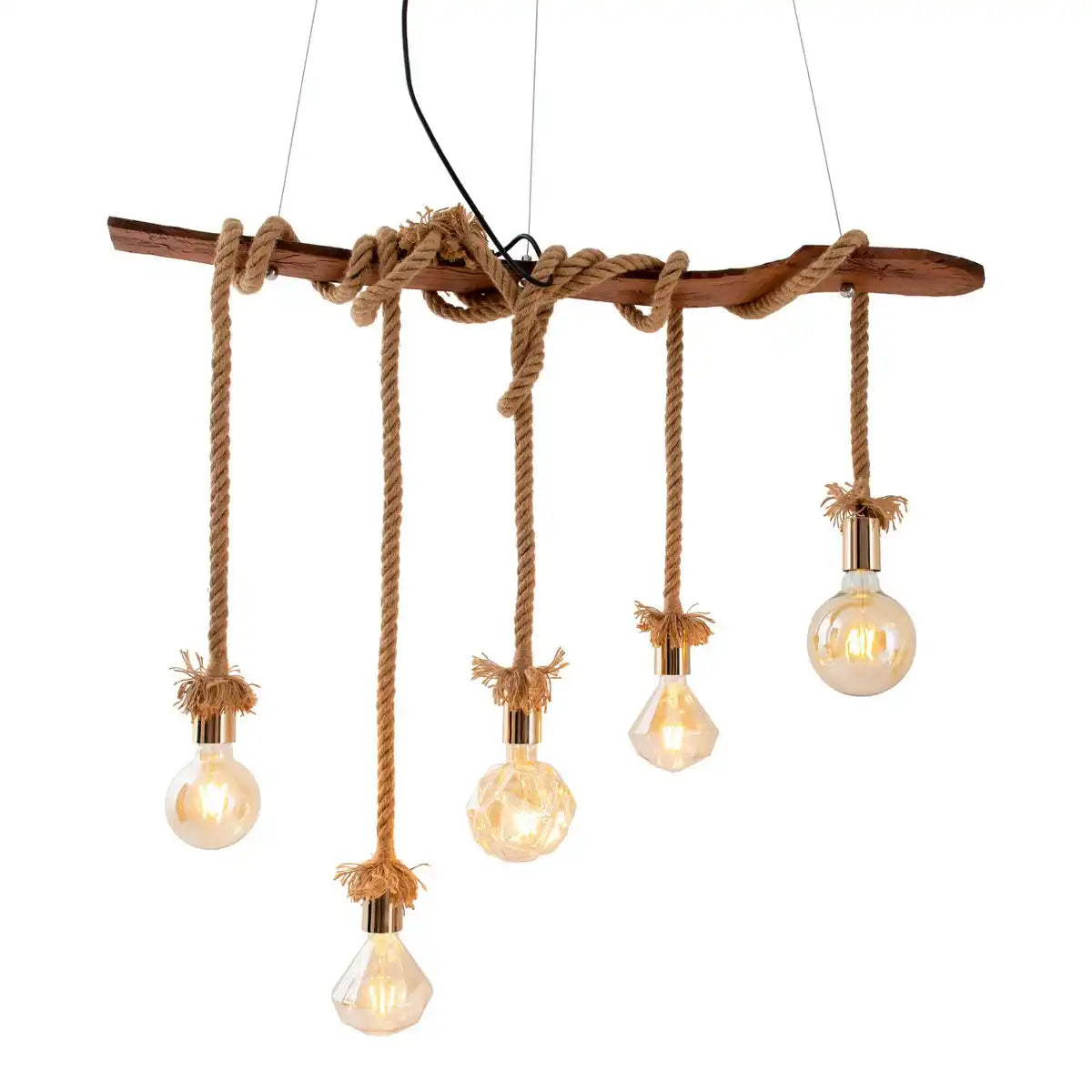 Pendelleuchte "ROPE" 5flg. Pendellampe aus Holz und Seil in natur, E27-Fassung, Beleuchtung für Wohnzimmer oder Büro