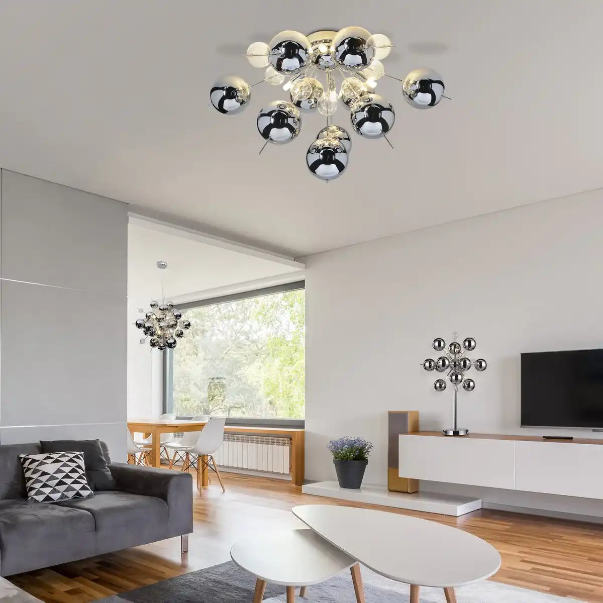 Deckenleuchte "EXPLOSION" chrom aus Metall und Glas, G9 Fassungen, Deckenlampe für Esszimmer, Wohnzimmer, Diele oder Büro, Ø57 cm