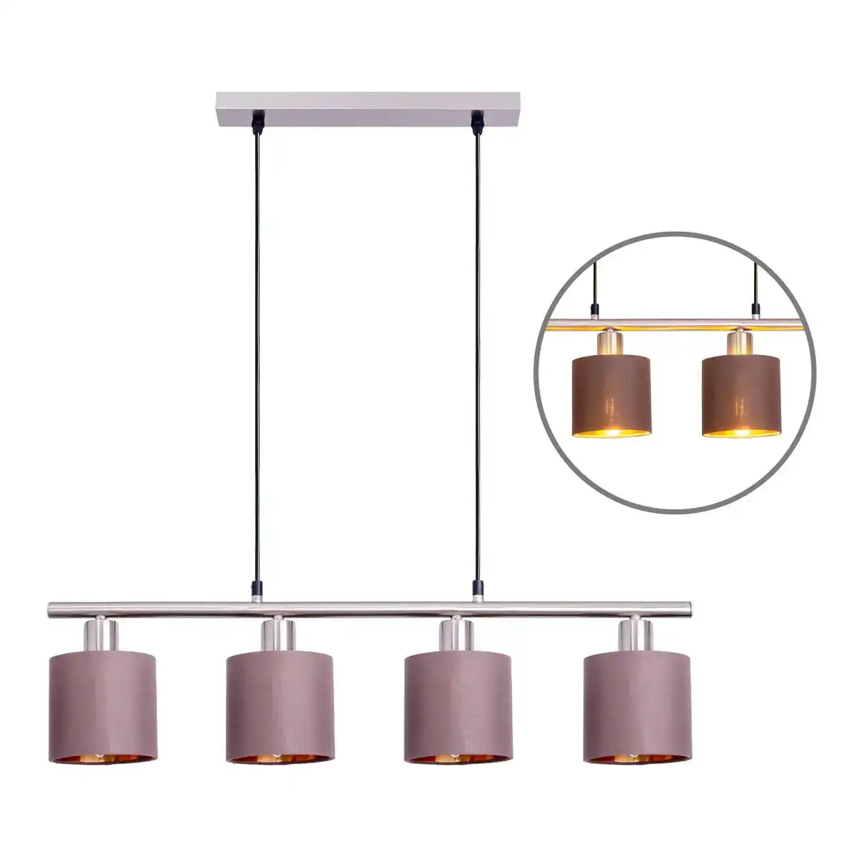 4er Pendelleuchte "MARON" aus Metall satiniert-matt mit Stoffschirmen in Braun, mit E14-Fassung, Lampe für Wohnzimmer oder Esszimmer,71,5 x 12 cm