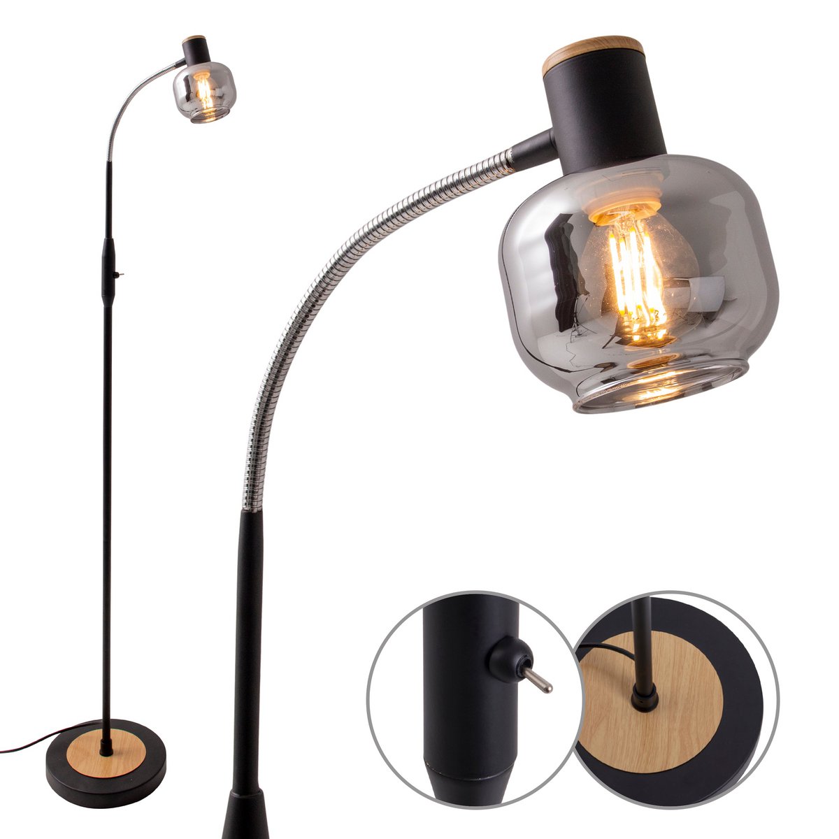 Glas-Stehleuchte "FUMOSO", Stehlampe aus Metall und Glas in Schwarz,, mit E14-Fassung, für Esszimmer, Wohnzimmer, Diele oder Büro, Stehlampe innen, 150 cm hoch.