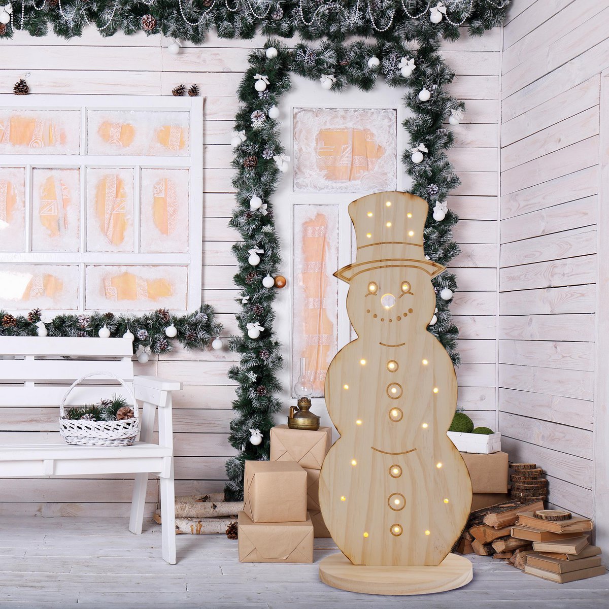 LED-Holz-Dekoleuchte "SNOWY" groß, Weihnachtsdeko aus Holz in Natur, mit fest verbauten LEDs, für den Außenbereich