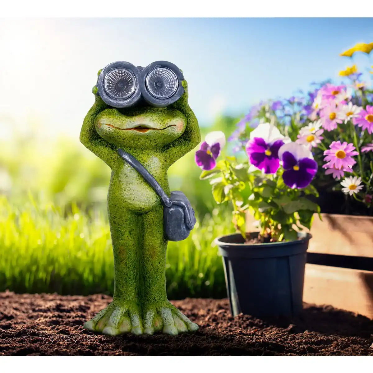 LED Solarleuchte "Frosch" stehend für Terrasse und Garten, aus grüner Keramik, mit fest verbauten LEDs , Deko Lampe für Außen 30 cm hoch
