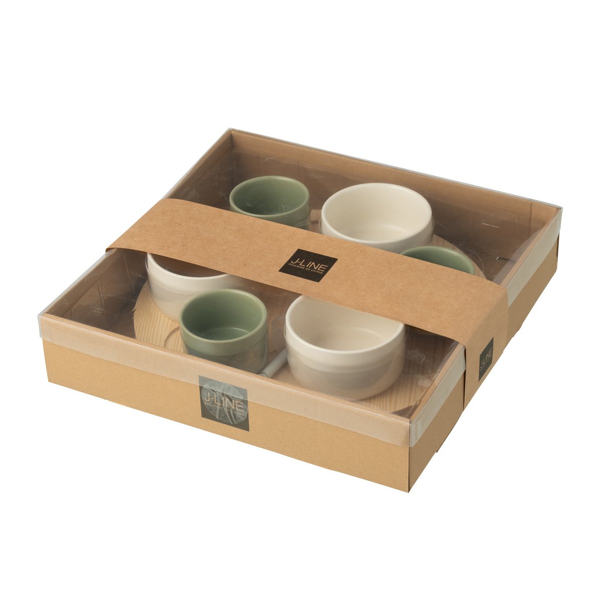 J-Line Tapas-Geschirr, 6 Sets + Holzschale in Box, Grün/Weiß