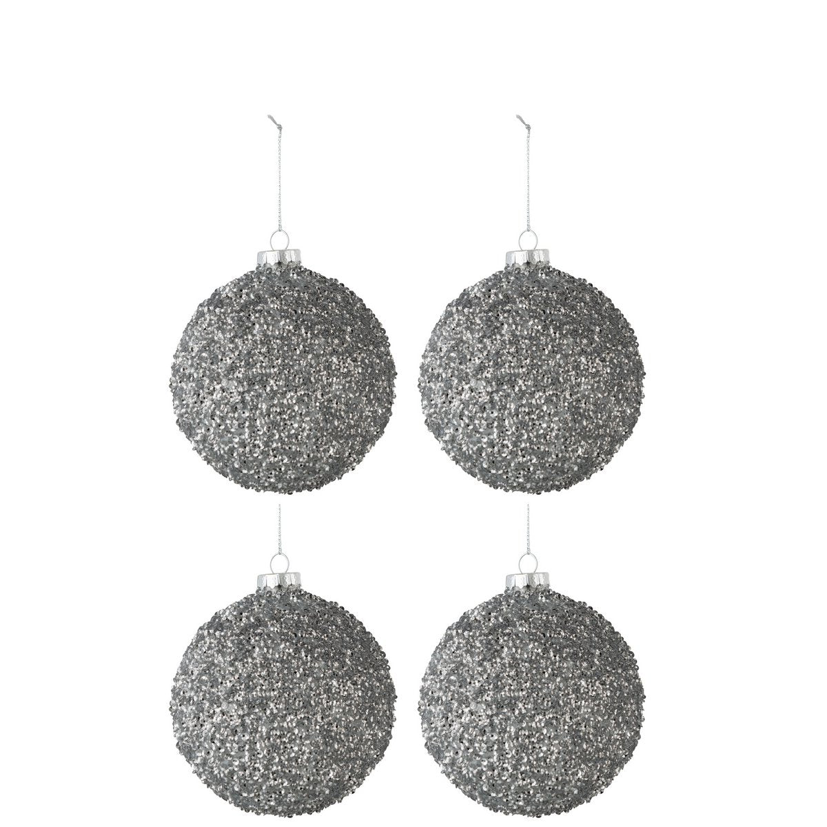 J-Line Box mit 4 Weihnachtskugeln aus glitzerndem Glas, rauchgrau, mittelgroß