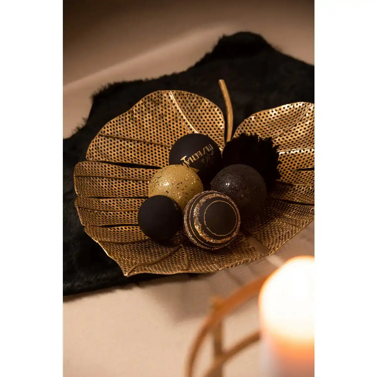 J-Line Weihnachtskugel Pailletten – Glas – Schwarz/Gold – mittel – 4er-Box