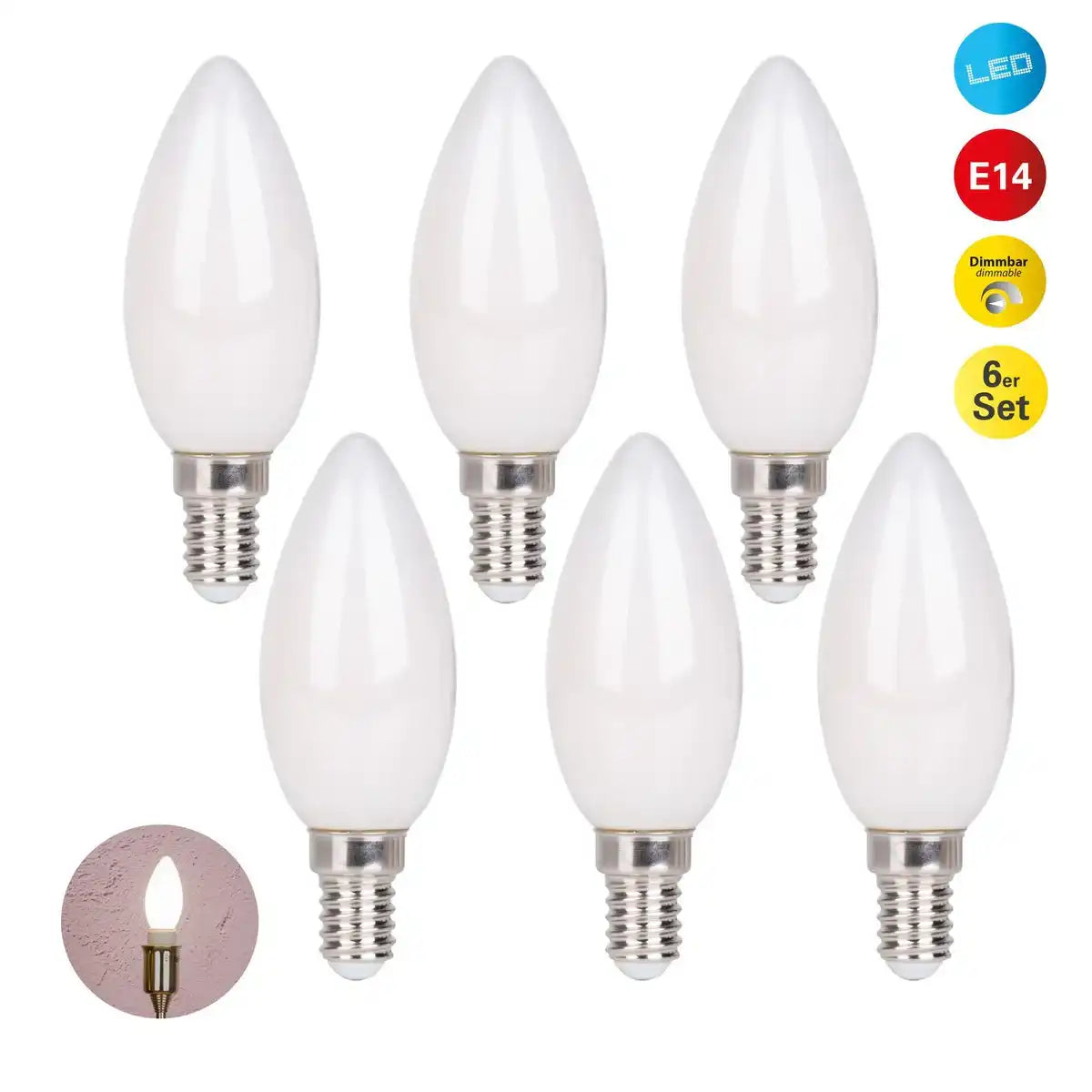 6er-Set LED Leuchtmittel mit E14-Fassung, Kerzenform 4 Watt, aus Metall und Glas, milchig