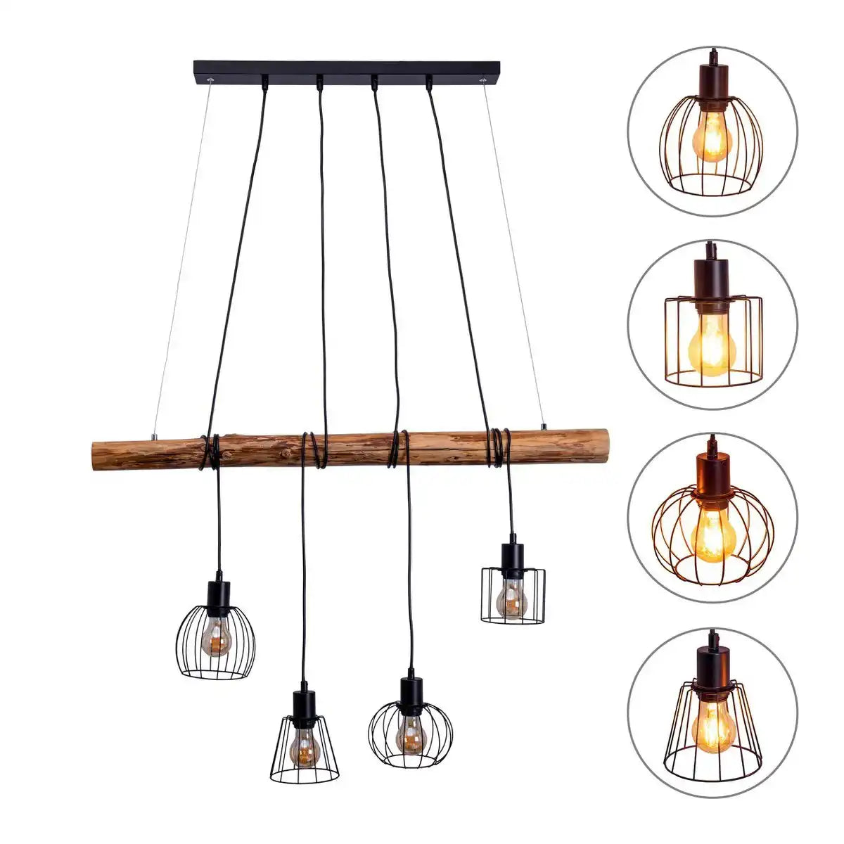 4er Pendelleuchte "WOODLAND", Hängelampe, Metall und Holz in Schwarz, und natur- E27-Fassung, für Esszimmer, Wohnzimmer, Diele oder Büro, 100 cm lang
