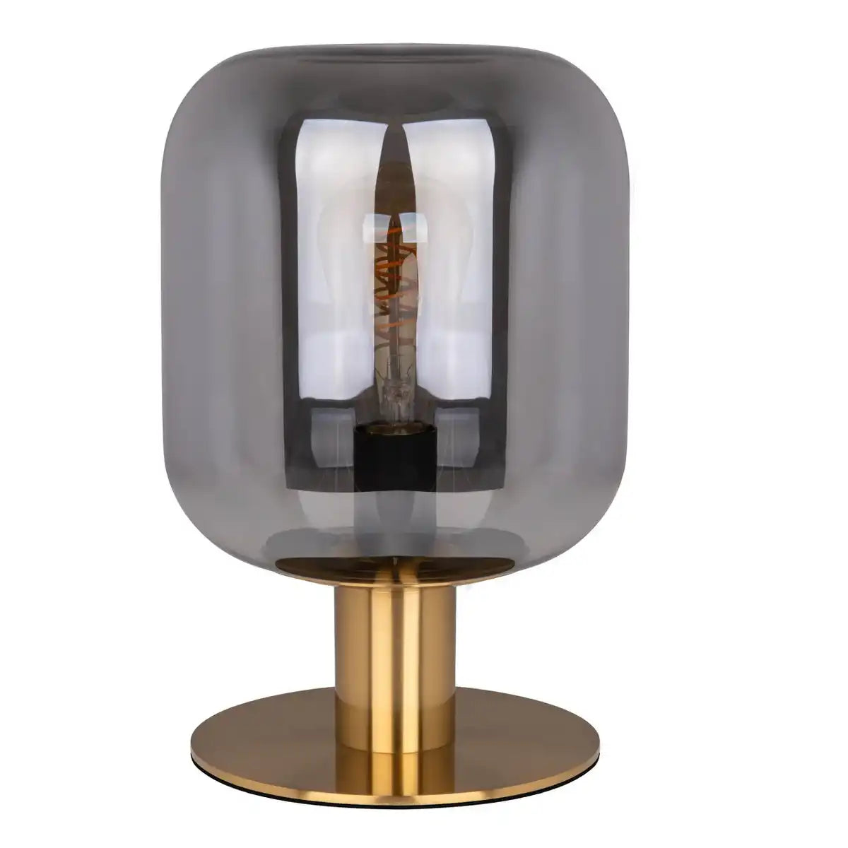 Glas-Tischleuchte "ALESSIO", 30 cm hoch, Ø 20 cm, goldfarbenes Metall, Rauchglas, E14
