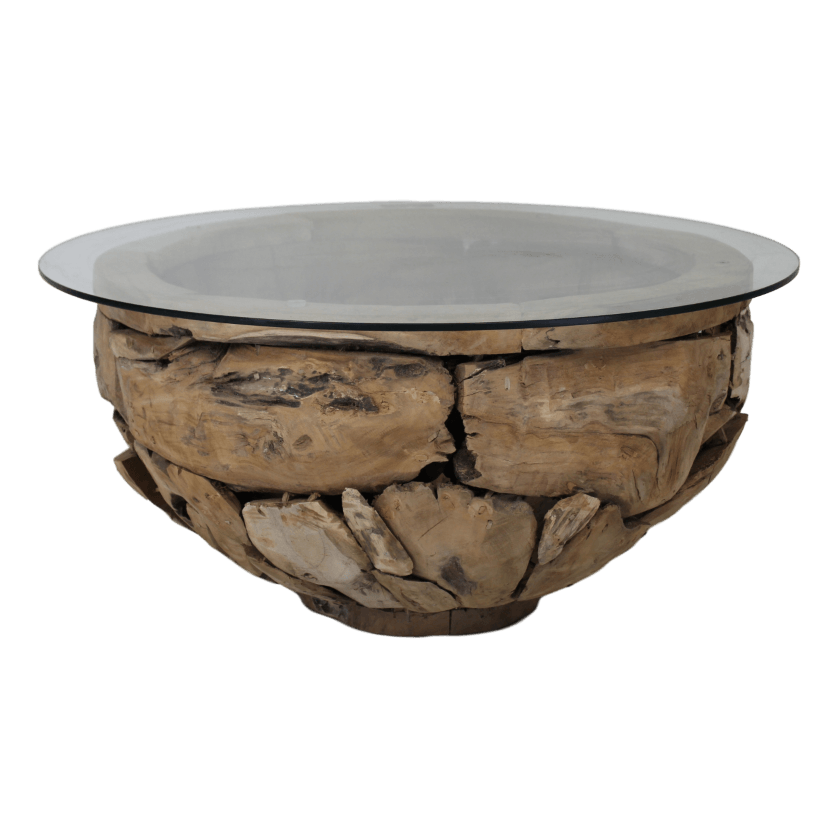 HSM Collection-Runder Couchtisch Root-ø80x45 (Glas ø90)-Braun-Teak/Glas