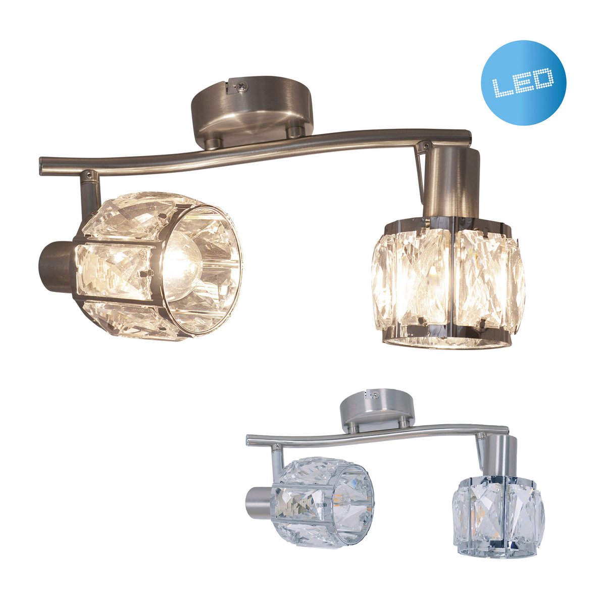 2er-LED-Spot "JOSEFA", Deckenlampe aus Metall und Glas in Edelstahloptik, mit E14-Fassung Filament Leuchtmittel inklusive, für Wohnzimmer, Esszimmer, Flur oder Diele 28 x 8 cm